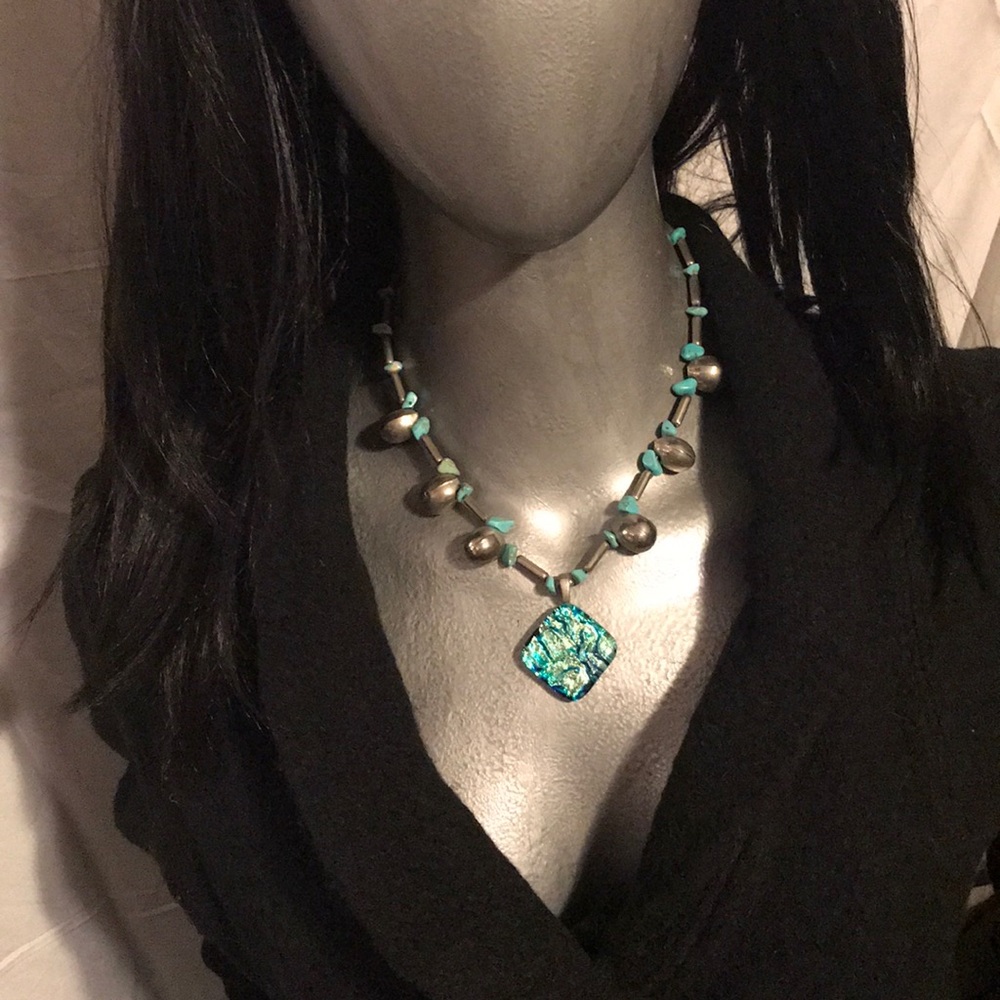 Silver turquoise necklace with glass pendent